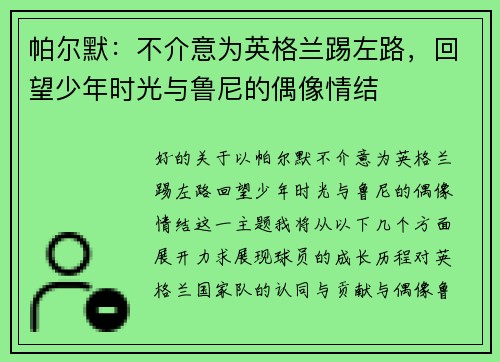 帕尔默：不介意为英格兰踢左路，回望少年时光与鲁尼的偶像情结