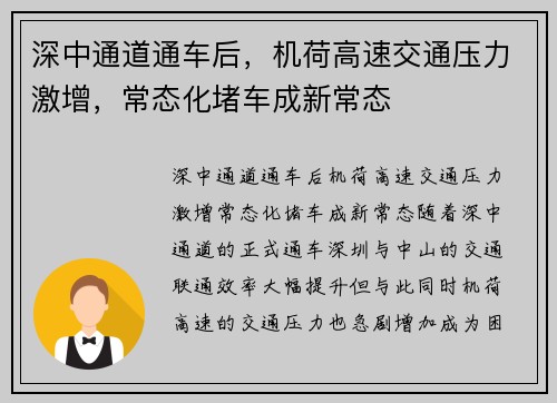 深中通道通车后，机荷高速交通压力激增，常态化堵车成新常态