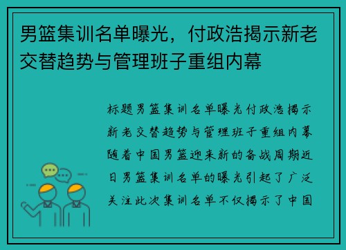 男篮集训名单曝光，付政浩揭示新老交替趋势与管理班子重组内幕