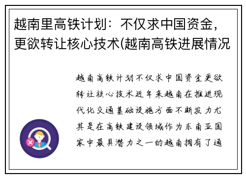 越南里高铁计划：不仅求中国资金，更欲转让核心技术(越南高铁进展情况)
