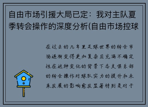 自由市场引援大局已定：我对主队夏季转会操作的深度分析(自由市场控球后卫)