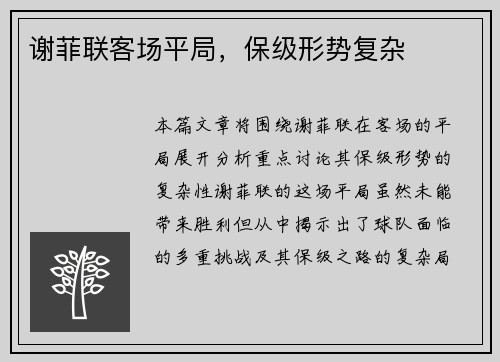 谢菲联客场平局，保级形势复杂