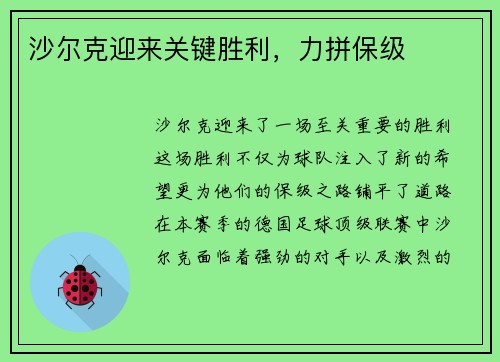 沙尔克迎来关键胜利，力拼保级