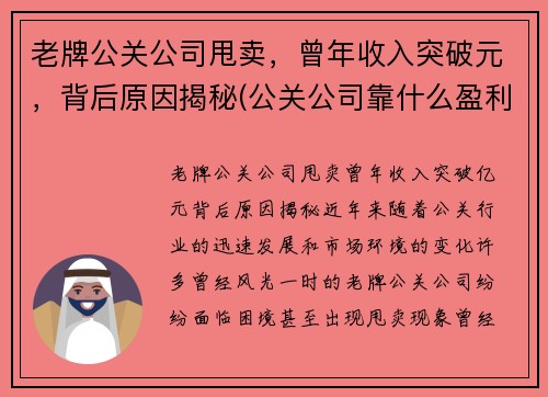 老牌公关公司甩卖，曾年收入突破元，背后原因揭秘(公关公司靠什么盈利)